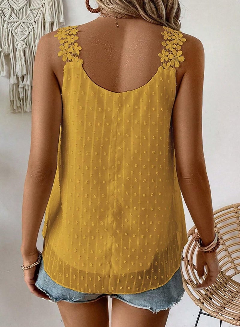 Falechay Sleeveless Shirts for Women Cute Blouse Bohemian Solid Square Neck Flowy Lace Summer Tunic Tops Sleeveless Girls Peplum Babydoll Dressy Casual Clothing Yellow L - Image 3