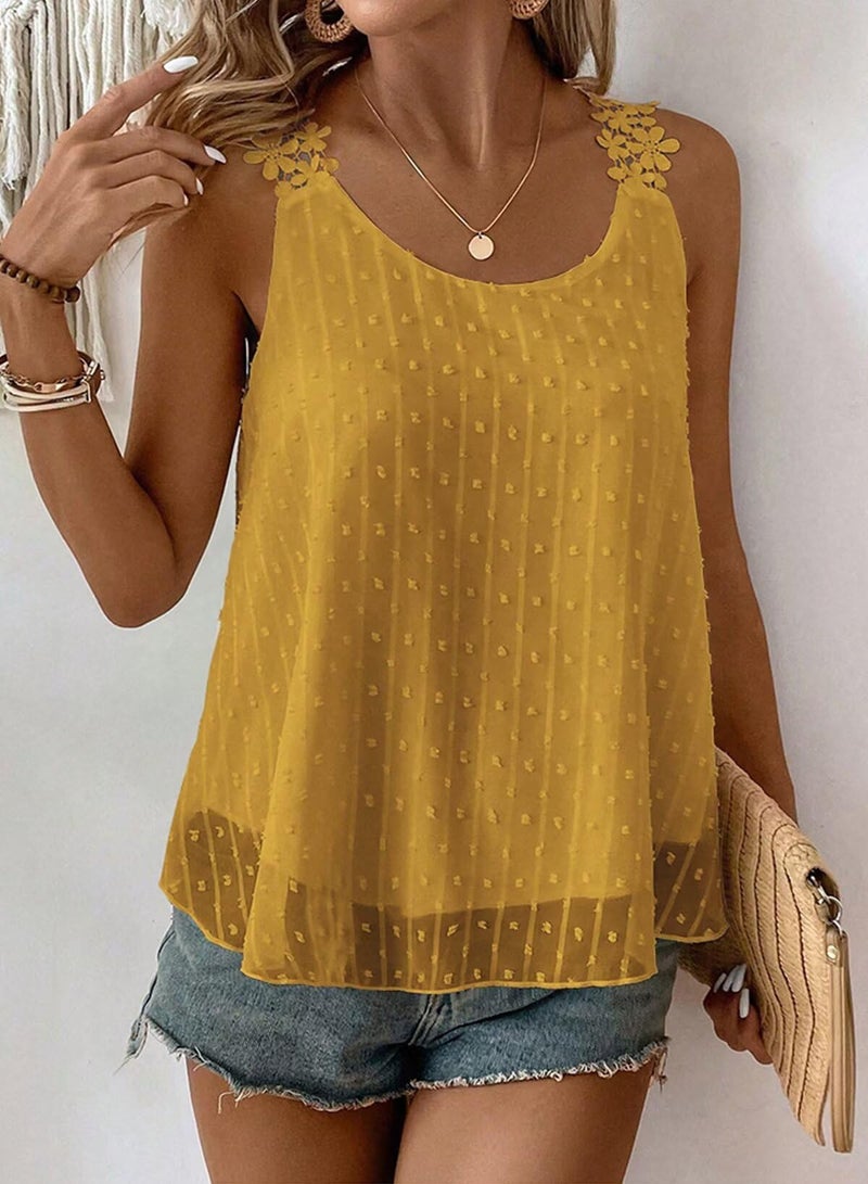 Falechay Sleeveless Shirts for Women Cute Blouse Bohemian Solid Square Neck Flowy Lace Summer Tunic Tops Sleeveless Girls Peplum Babydoll Dressy Casual Clothing Yellow L - Image 4