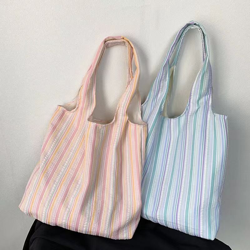 Casual Rainbow Stripe Tote Bag, Korean Fashion Canvas Shoulder Bag - Image 1