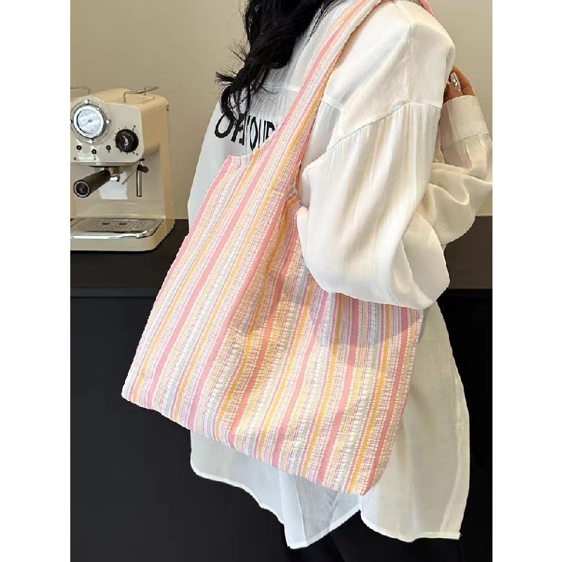 Casual Rainbow Stripe Tote Bag, Korean Fashion Canvas Shoulder Bag - Image 2