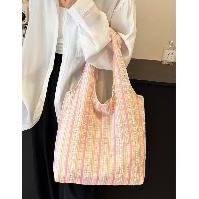 Casual Rainbow Stripe Tote Bag, Korean Fashion Canvas Shoulder Bag - Image 3
