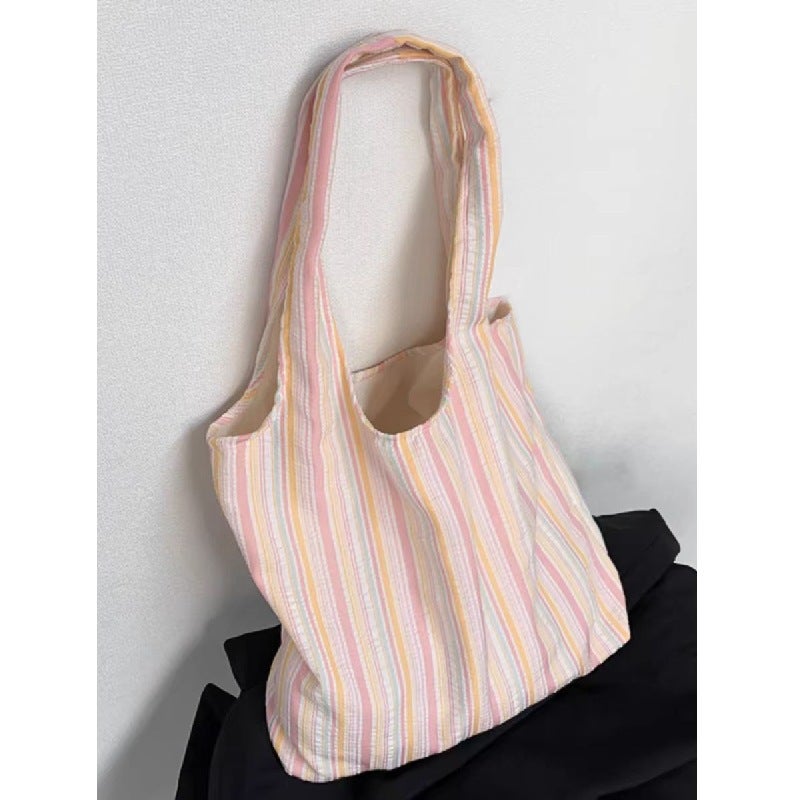 Casual Rainbow Stripe Tote Bag, Korean Fashion Canvas Shoulder Bag - Image 4