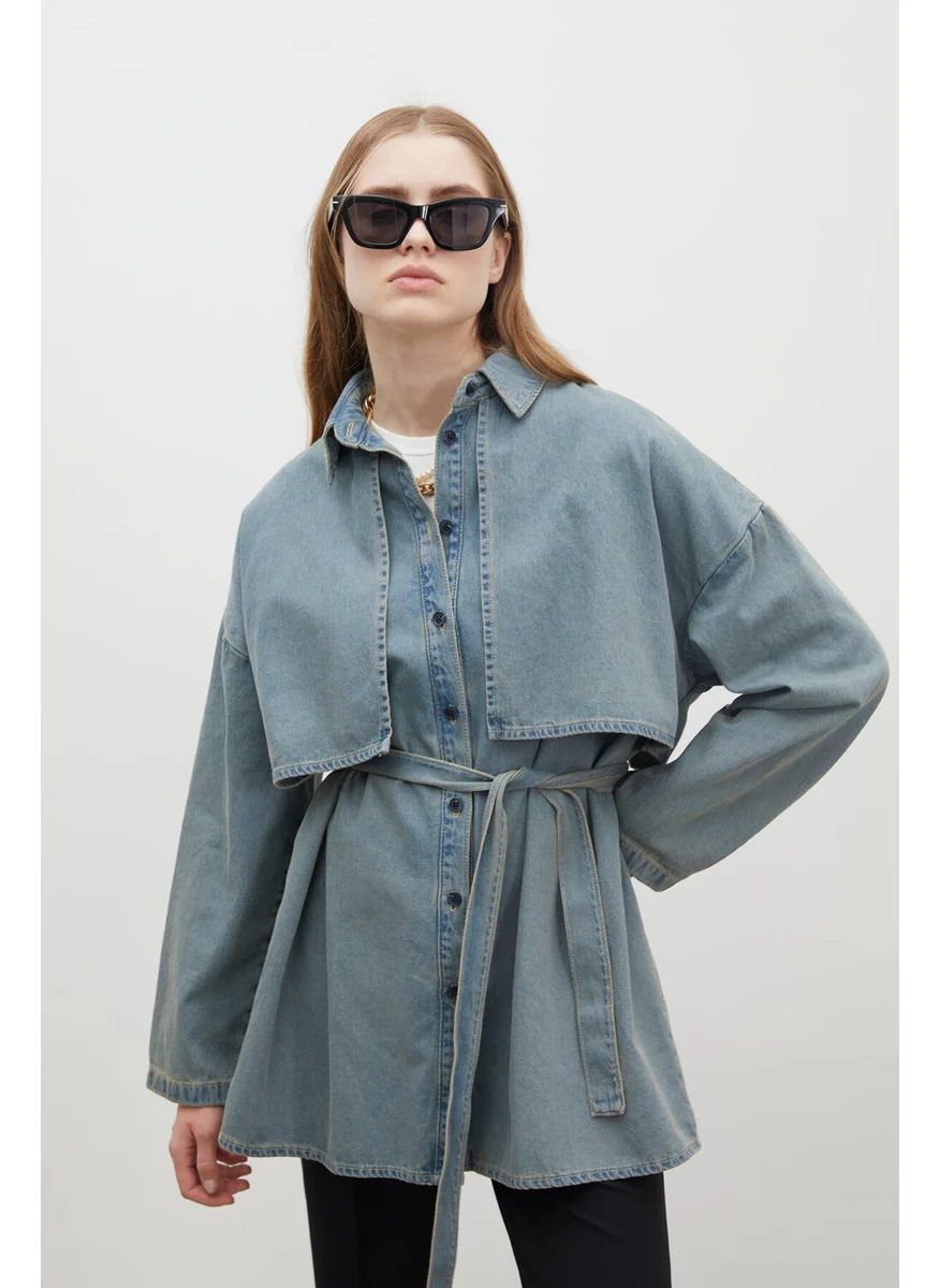 مانوكا Trench Design Denim Jacket Dark Blue