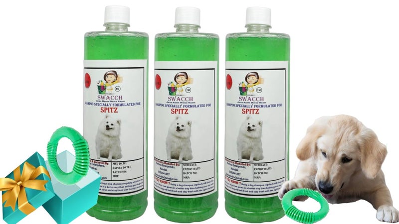 swacch Shampoo | Puppy Safe Shampoo | PH Balanced | Spitz Dog Shampoo 1 Litre Pack of 3 Neem Alovera + | O PVC Ring Rubber Chew Toy | Teething Chew Toy I Dental Teething I Durable I Combo Pack - Image 1