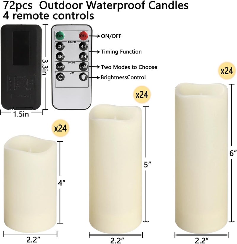 YOROXRG Set of 72 Waterproof Outdoor Flameless Candles, LED Candles with 4 Remote and Timer,(H 4" 5" 6" x D 2.2"),for Halloween Wedding Festiv - Image 3