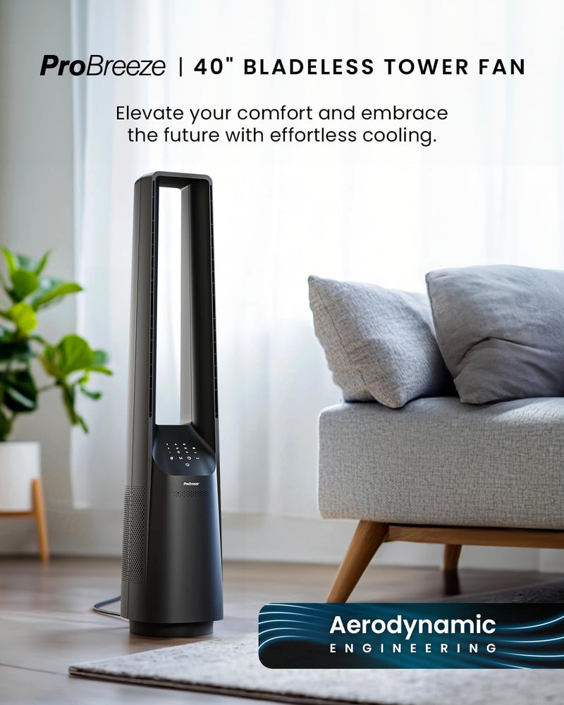 Pro Breeze 40 inch Bladeless Tower Fan with DC Motor - Ultra Quiet Fan with Remote Control, LED Display, 6 Fan Speeds, 5 Operation Modes, 60° Automatic Oscillation & 7H Timer - Black - Image 2