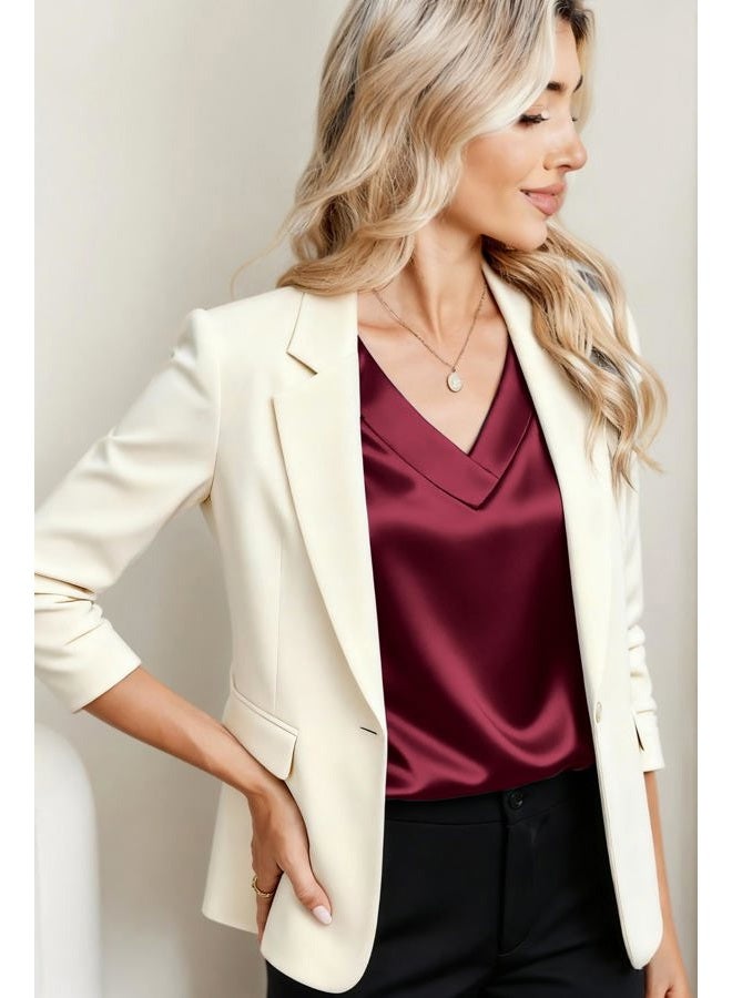 zeagoo Women Satin V Neck Blouse Cap Short Sleeve Business Casual Top S-2XL, Wine Red, L - Image 4
