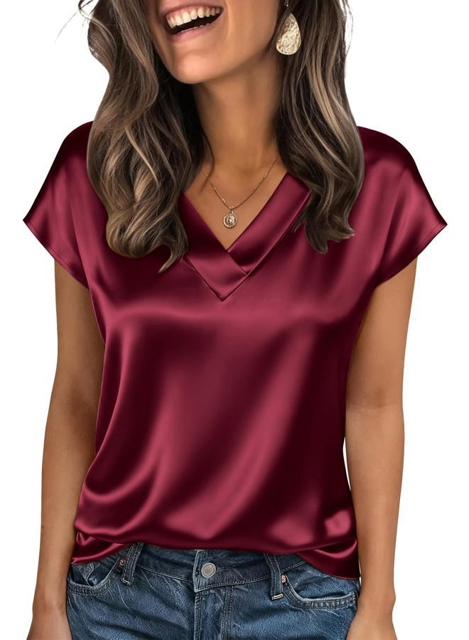 zeagoo Women Satin V Neck Blouse Cap Short Sleeve Business Casual Top S-2XL, Wine Red, L - Image 2