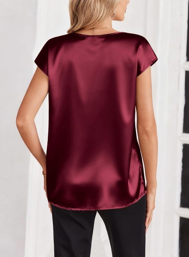 zeagoo Women Satin V Neck Blouse Cap Short Sleeve Business Casual Top S-2XL, Wine Red, L - Image 5