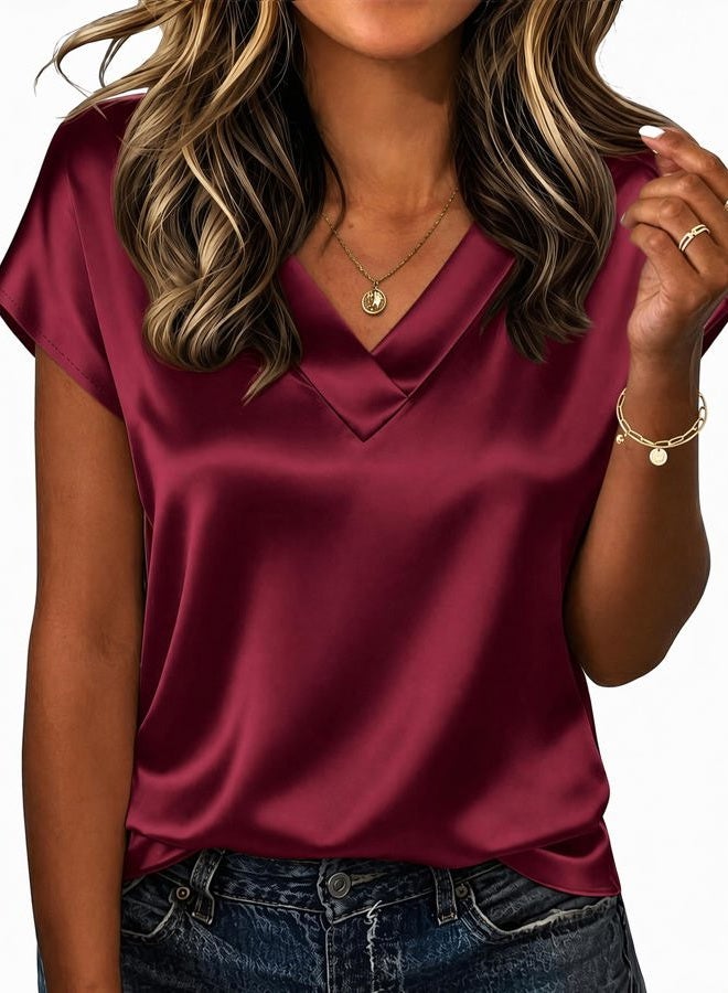 zeagoo Women Satin V Neck Blouse Cap Short Sleeve Business Casual Top S-2XL, Wine Red, L - Image 1