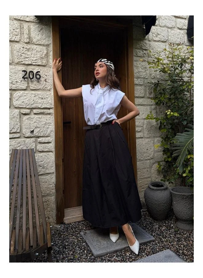 mina aise Black A-Line Pleated and Waistband Long Poplin Women's Skirt 31070.