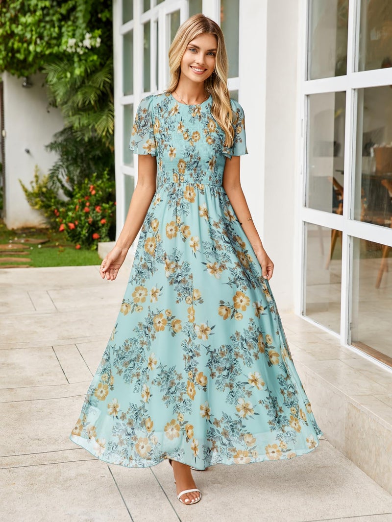 Simplee Apparel Simplee Womens Floral Maxi Wedding Guest Dress Bohemian Short Sleeve Loose Sundress Lightweight Flowy Prom Vacation Dress(Floral Light Green XL) - Image 5
