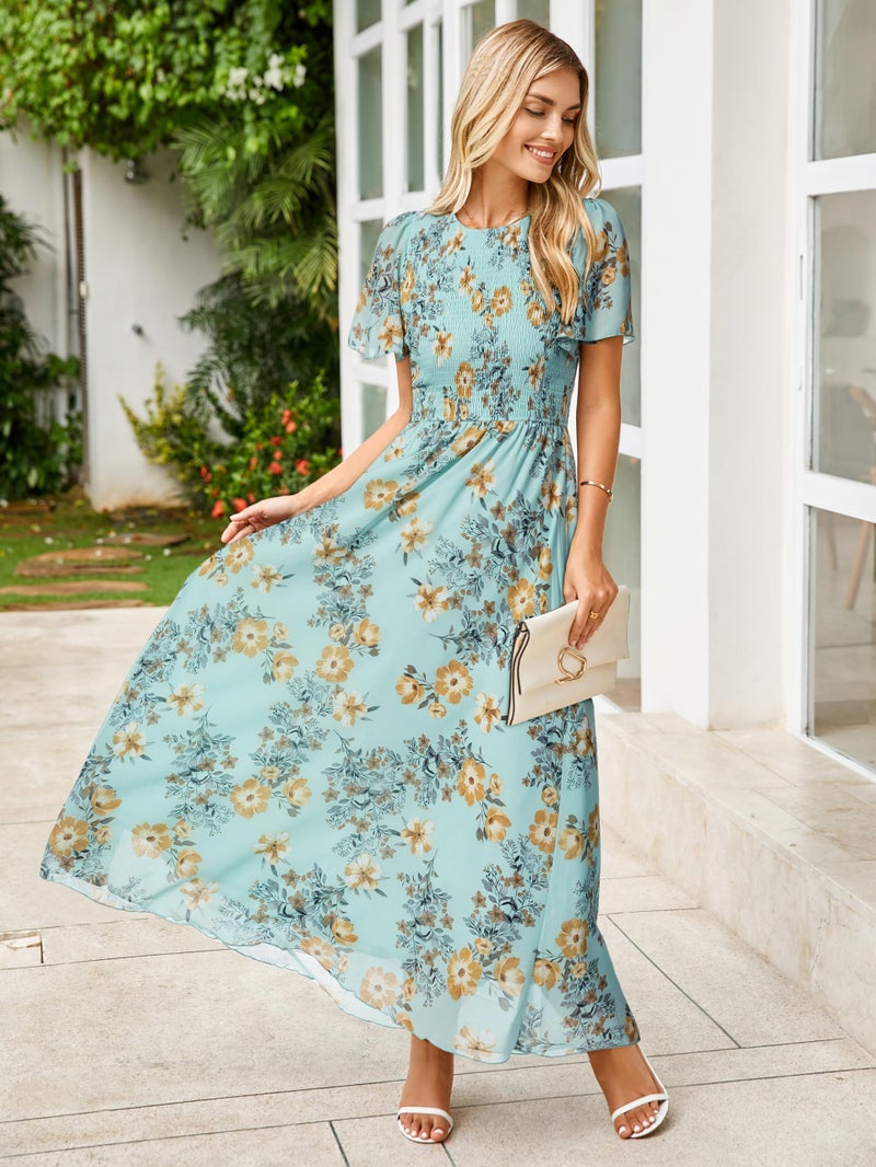 Simplee Apparel Simplee Womens Floral Maxi Wedding Guest Dress Bohemian Short Sleeve Loose Sundress Lightweight Flowy Prom Vacation Dress(Floral Light Green XL) - Image 2