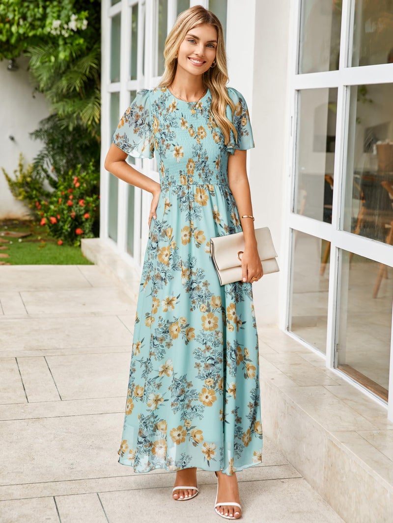 Simplee Apparel Simplee Womens Floral Maxi Wedding Guest Dress Bohemian Short Sleeve Loose Sundress Lightweight Flowy Prom Vacation Dress(Floral Light Green XL) - Image 3