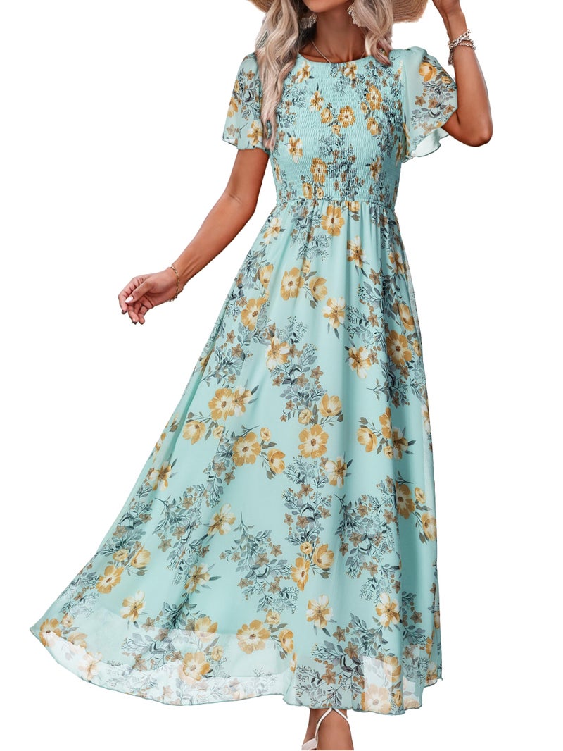 Simplee Apparel Simplee Womens Floral Maxi Wedding Guest Dress Bohemian Short Sleeve Loose Sundress Lightweight Flowy Prom Vacation Dress(Floral Light Green XL) - Image 1
