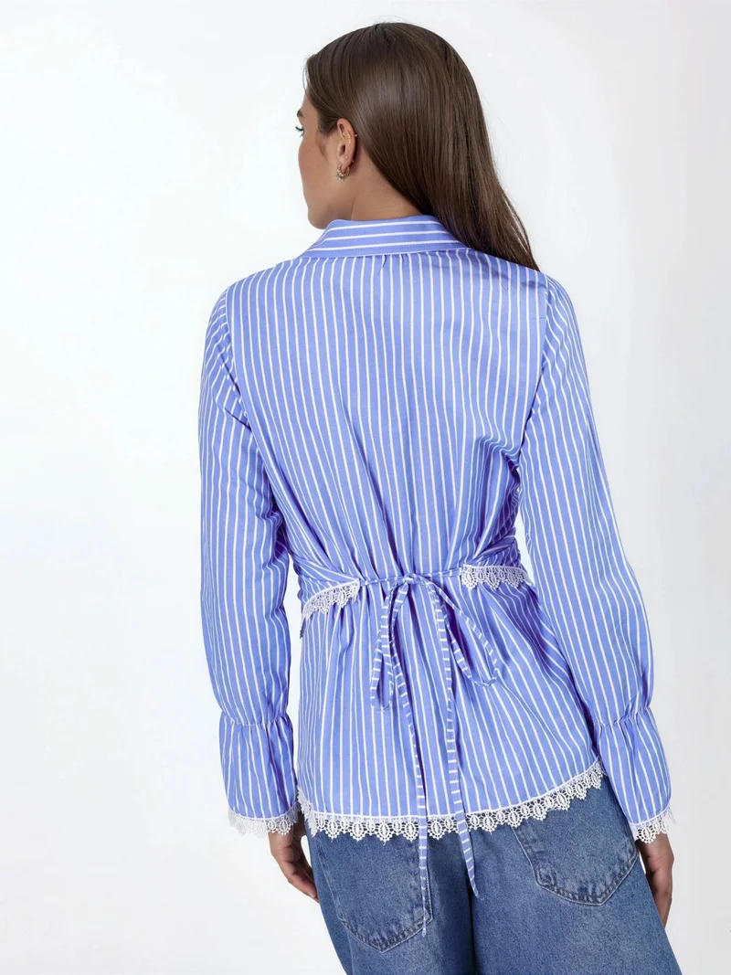 Qustyle QU STYLE Striped Poplin Tie-Closure Shirt