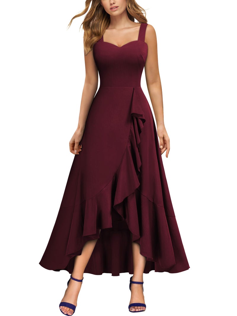 Miusol Women's Casual V-Neck Ruffle Split Flowy Cocktail Party A-Line Dress (Large, A-Burgundy) - Image 1