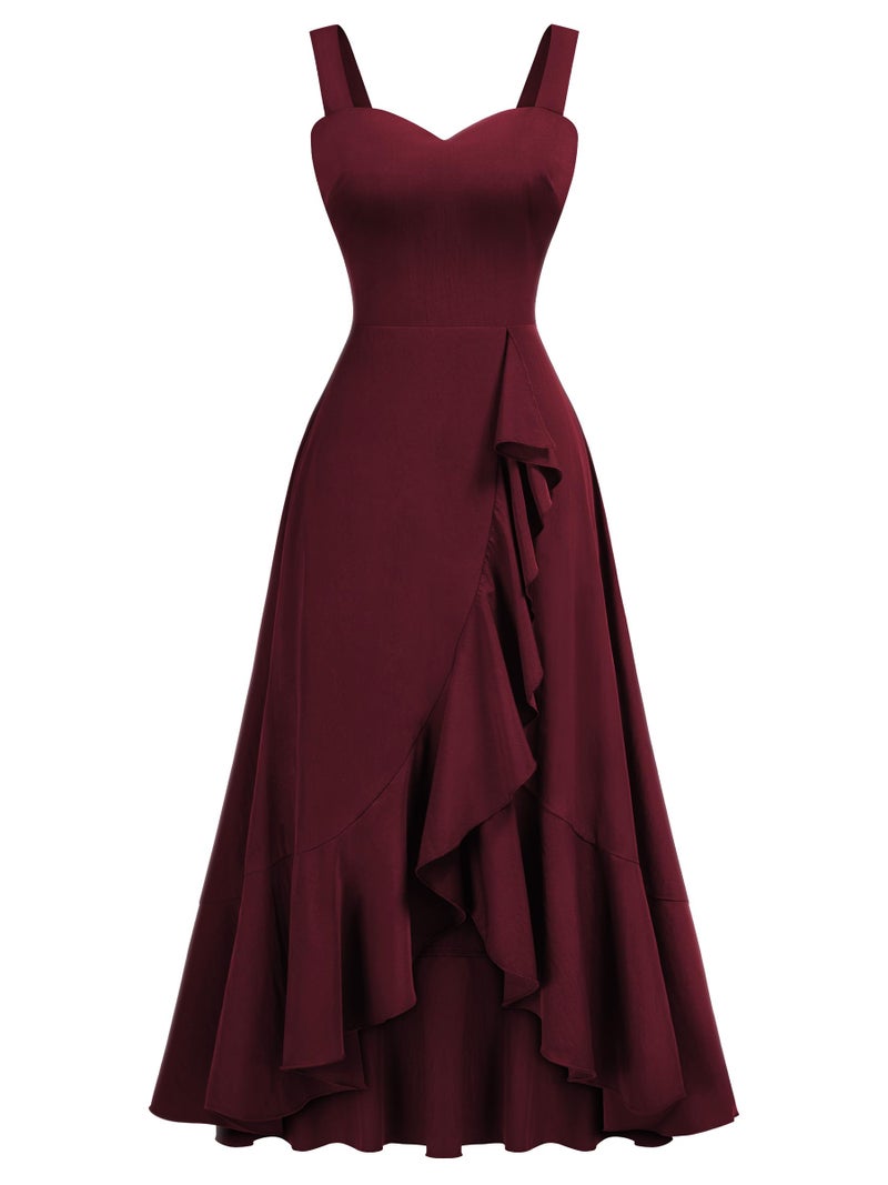 Miusol Women's Casual V-Neck Ruffle Split Flowy Cocktail Party A-Line Dress (Large, A-Burgundy) - Image 4
