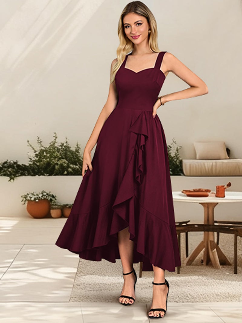 Miusol Women's Casual V-Neck Ruffle Split Flowy Cocktail Party A-Line Dress (Large, A-Burgundy) - Image 3
