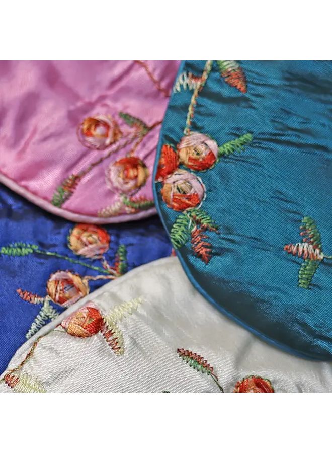 Pink Floral Hand Embroidered Drawstring Pouch For Jewelry Watches Cosmetics Gift - Image 2