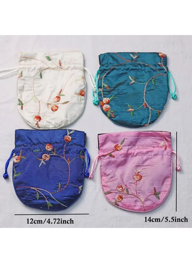 Pink Floral Hand Embroidered Drawstring Pouch For Jewelry Watches Cosmetics Gift - Image 3