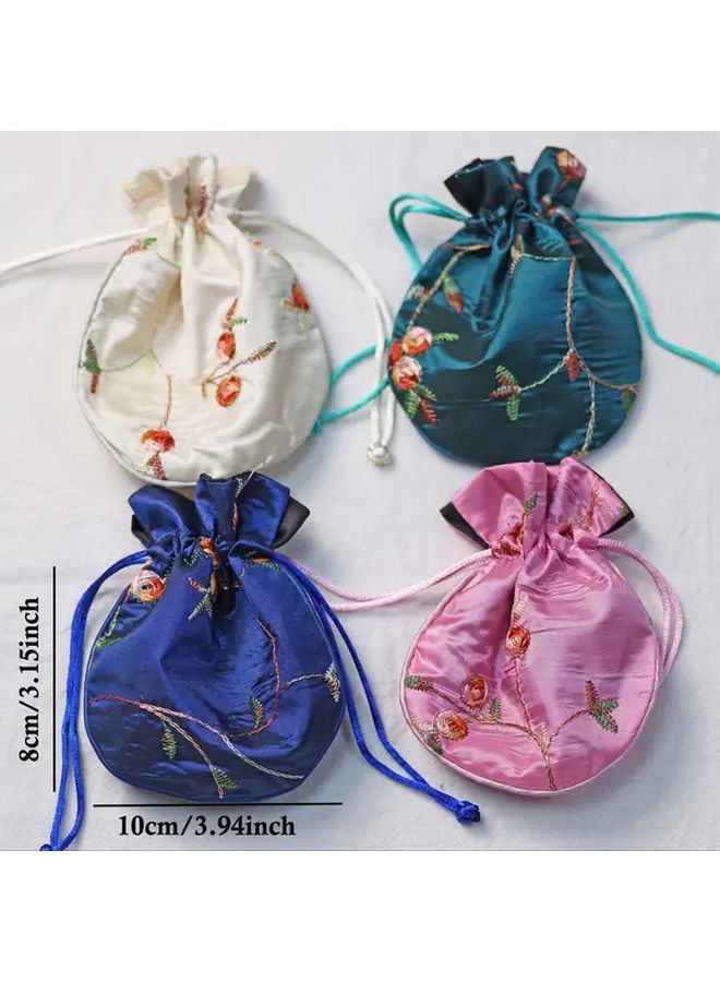 Pink Floral Hand Embroidered Drawstring Pouch For Jewelry Watches Cosmetics Gift - Image 1