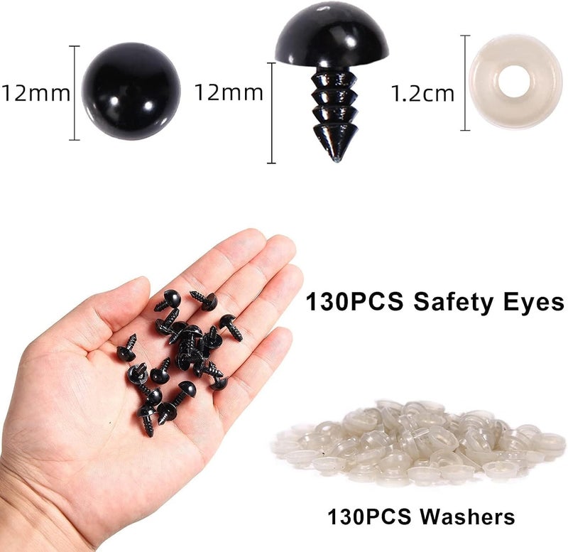 Vanblue Safety Eyes 260PCS 12mm Plastic Black Craft Eyes with Washers Teddy Bear Eyes for Amigurumi Stuffed Animals Crochet Toys Crafts Making Halloween Decorations - Image 2