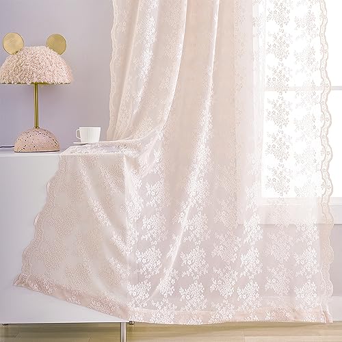 YJ YANJUN Blush Pink Lace Curtains for Living Room Romantic Shabby Chic Lace Floral and Branch Sheer Curtains 84 Inches Long for Dining Room Set of 2 Rod Pocket 52 x 84 Inch Blush Pink