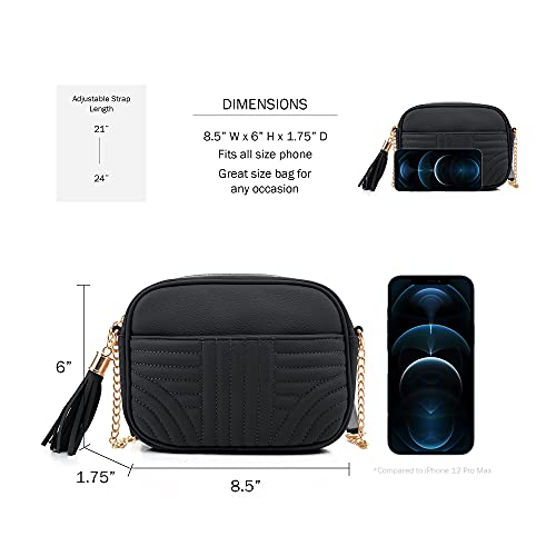 EVVE Quilted Crossbody Bags for Women - Stylish Camera Bag with Tassel - Lightweight Medium Size Shoulder Purse | Black - Image 4