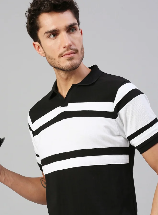 Men'S Black 100% Cotton Striped Regular Fit T-Shirt
