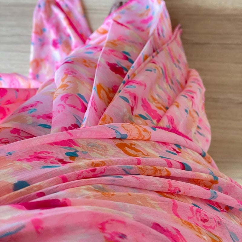 Sidhidata ساري سيدي داتا النسائي من جورجيت مزخرف بأزهار جاهز للارتداء مع قطعة بلوزة غير مخيطة - وردي - Image 3