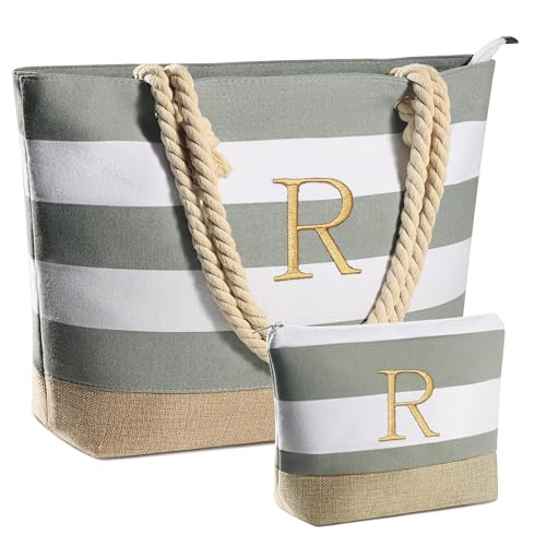 YOOLIFE Canvas Tote Bags - Beach Bags for Women, Initial Waterproof Swim Bags & Makeup Bag, Large Pool Tote, Swim Pool Beach Tote, Personalized Gifts for Women R - Image 1