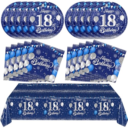 SNIMICS Blue 18th Birthday Decorations for Boys Girls Navy Blue Silver Happy 18th Birthday Napkins Tablecloth Plates for 18th Birthday Anniversary Party Supplies 18 Year Old Party Decorations - Image 1