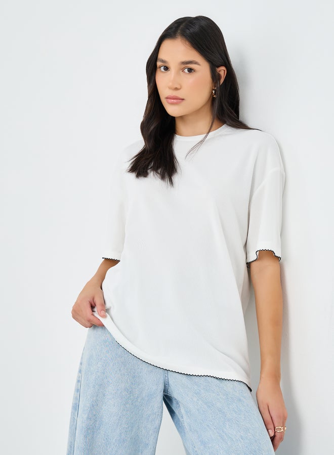 Styli White Contrast Hem Textured Oversized T-Shirt - Image 1