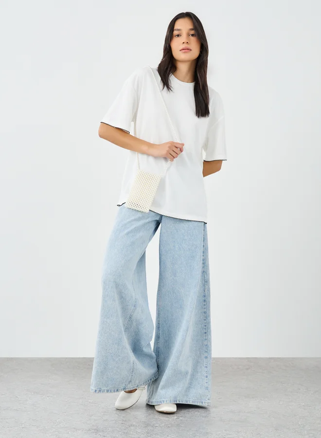 ستايلي Styli White Contrast Hem Textured Oversized T-Shirt