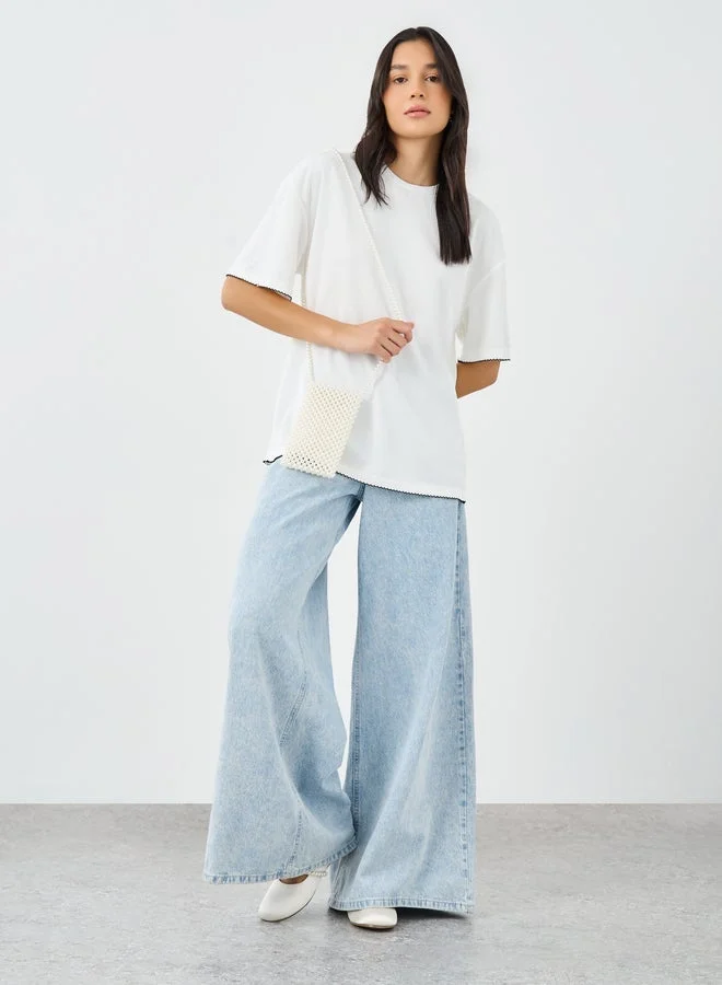 Styli White Contrast Hem Textured Oversized T-Shirt