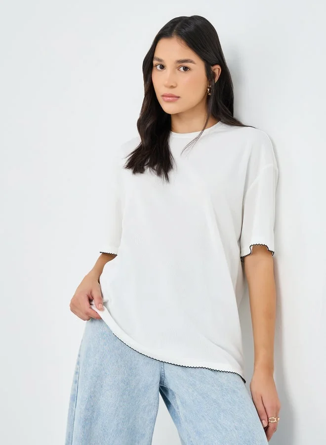 Styli White Contrast Hem Textured Oversized T-Shirt