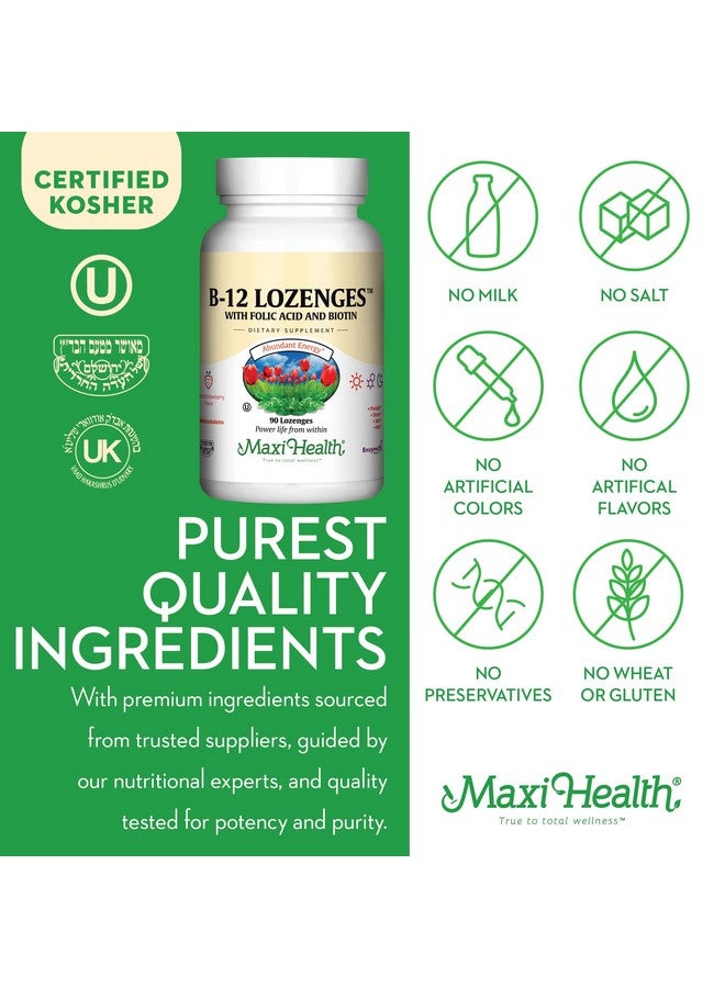 Maxi Health أقراص فيتامين ب12 مع حمض الفوليك والبيوتين - فيتامينات ب 12 تحت اللسان بنكهة الفراولة - فيتامين ب 12 نباتي كوشير - مكمل فيتامين ب 12 لإنتاج خلايا الدم الحمراء والطاقة (90 حبة) - Image 4