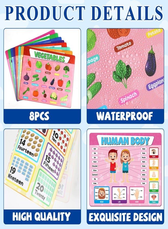 OBUSATT Educational Placemats for Kids Set of 8 Back to School Preschool Toddler Placemat Washable Table Mat Time, Number, Human Body, Shapes, Fruits, Vegetables, Vehicles, Alphabet for School Dining Table - Image 3