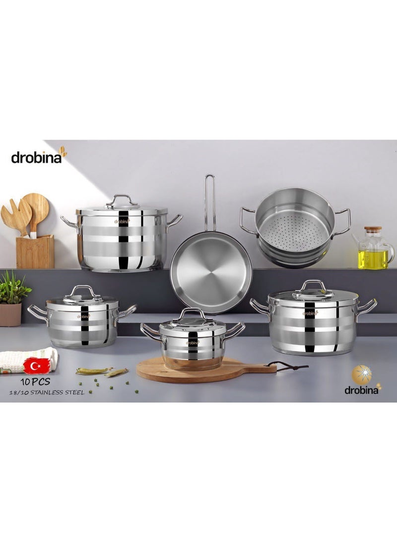 Drobina Pots Set 10 Pieces Turkish Stainless Steel Steel Lids 18/10 - Image 1