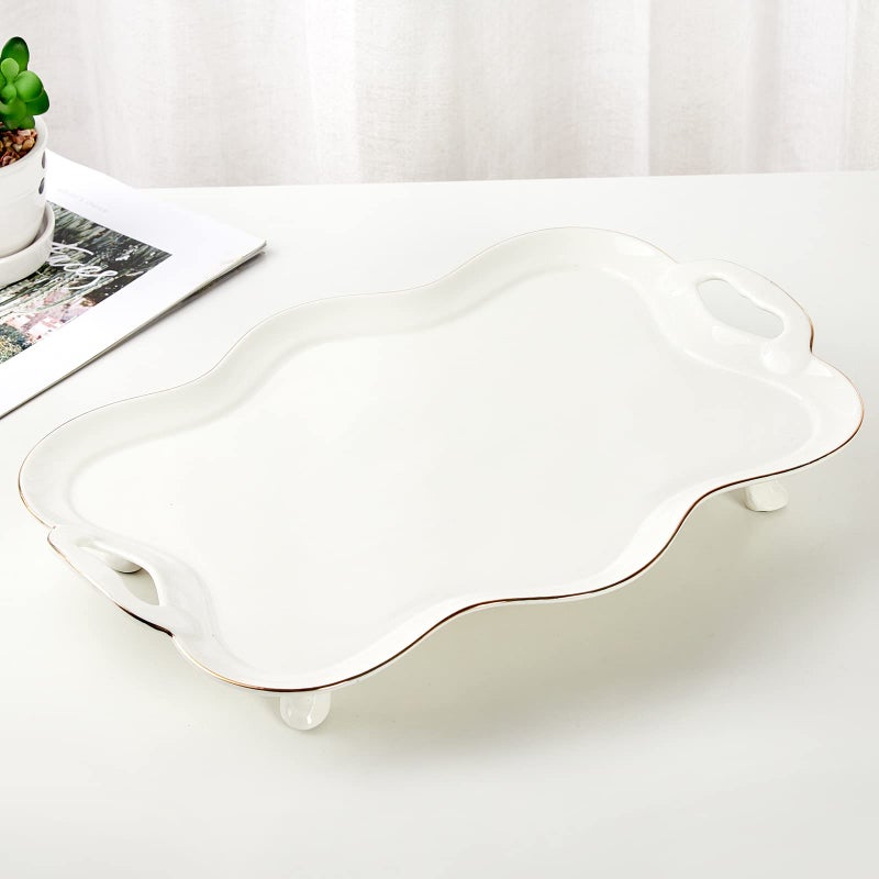 DUJUST Porcelain Serving Tray with Handles Luxury British Style Coffee Table Tray with Golden Rim Beautiful Tea Tray Decor for Living Room Easy to Use  Clean