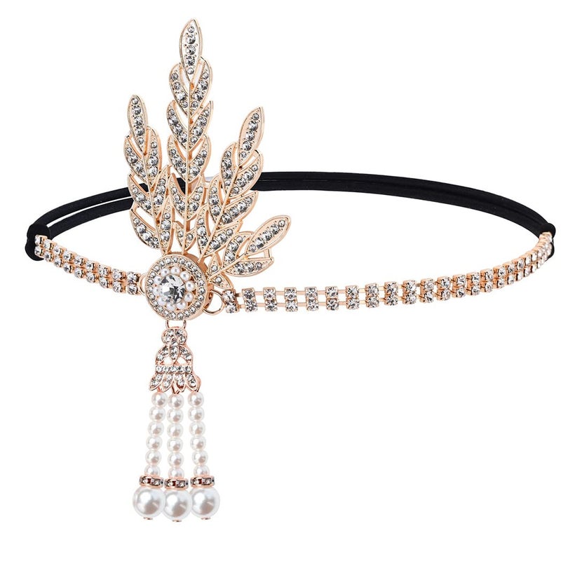 Gortin 1920s Flapper Headband Leaf Rhiestones Headpiece Pearl Tassel Bride Wedding Headdress Bridal Flapper Hair Accessories Head Chain for Women and Girls Gold