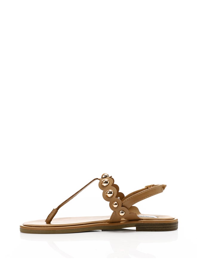 Tan Thong Toe Shape Studded Sandals