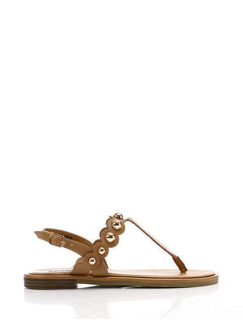 Tan Thong Toe Shape Studded Sandals