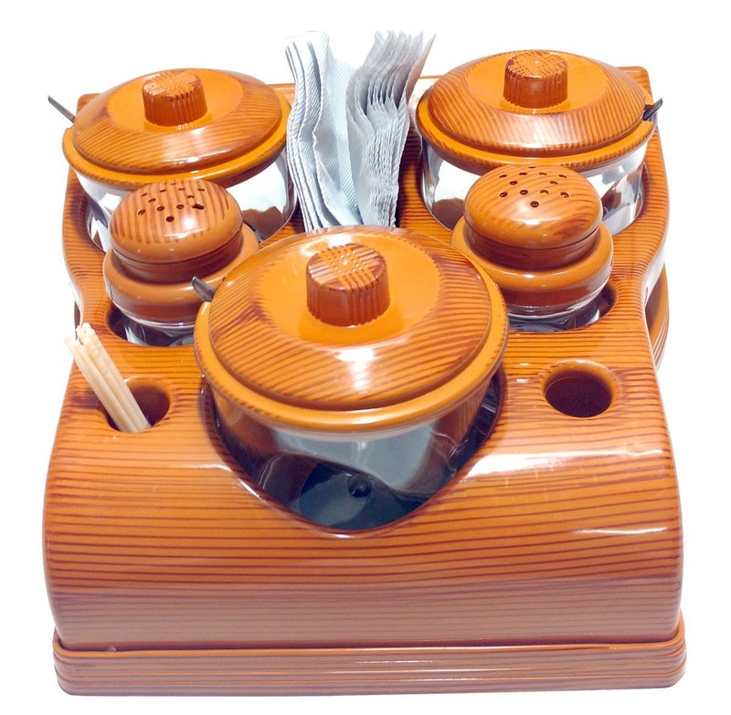 Nabhya Complete Dining Table Set of Pickle Jars, Salt and Pepper Dispenser, Toothpick Holder and Spoon Holder(Wooden Look Design, Plastic) (All in One) - Image 2