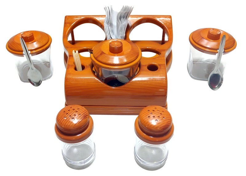 Nabhya Complete Dining Table Set of Pickle Jars, Salt and Pepper Dispenser, Toothpick Holder and Spoon Holder(Wooden Look Design, Plastic) (All in One) - Image 3