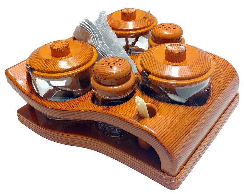 Nabhya Complete Dining Table Set of Pickle Jars, Salt and Pepper Dispenser, Toothpick Holder and Spoon Holder(Wooden Look Design, Plastic) (All in One) - Image 1