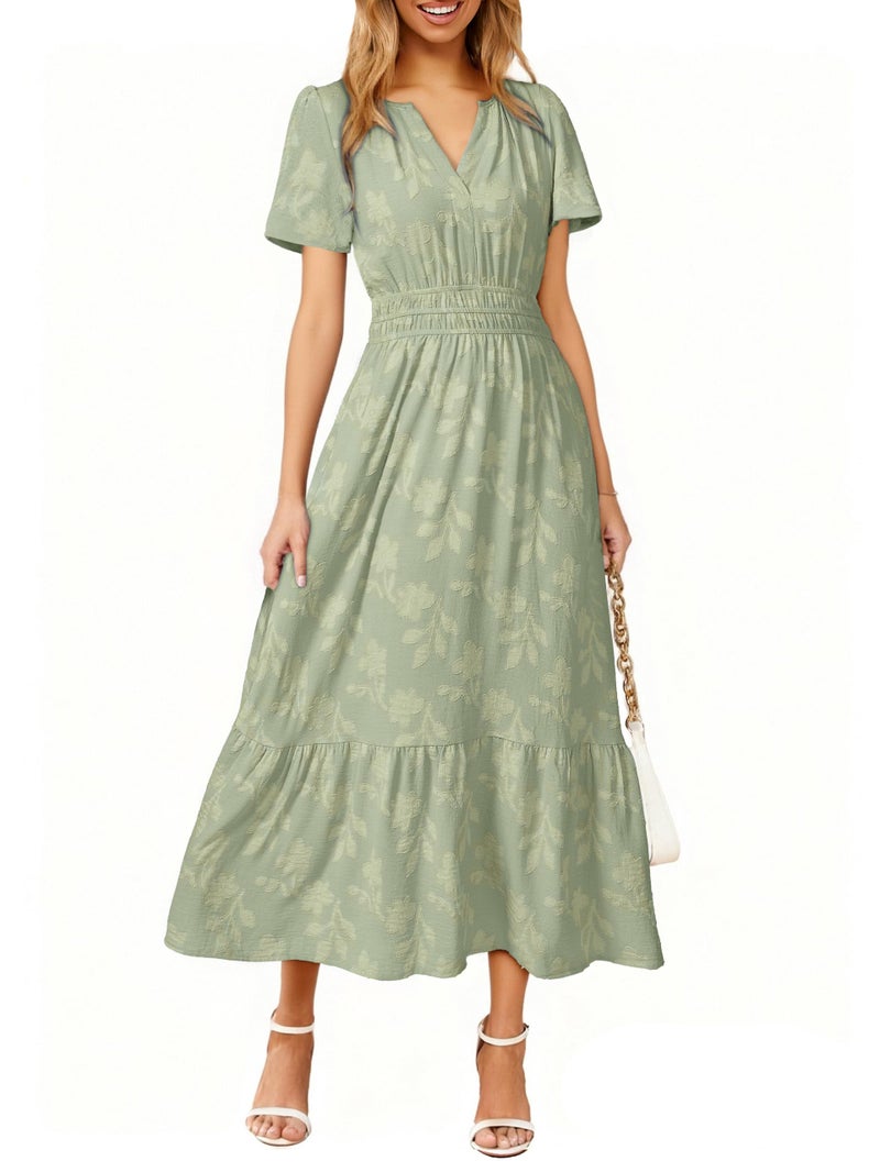 Simplee Womens Summer Boho Maxi Dress Spring Wedding Guest Floral V Neck Empire Waist Tiered Long Flowy Dresses Sage Green XL - Image 1