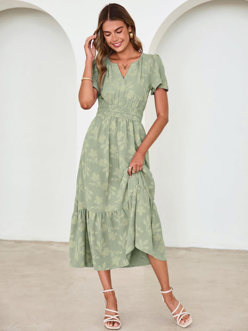 Simplee Womens Summer Boho Maxi Dress Spring Wedding Guest Floral V Neck Empire Waist Tiered Long Flowy Dresses Sage Green XL - Image 5