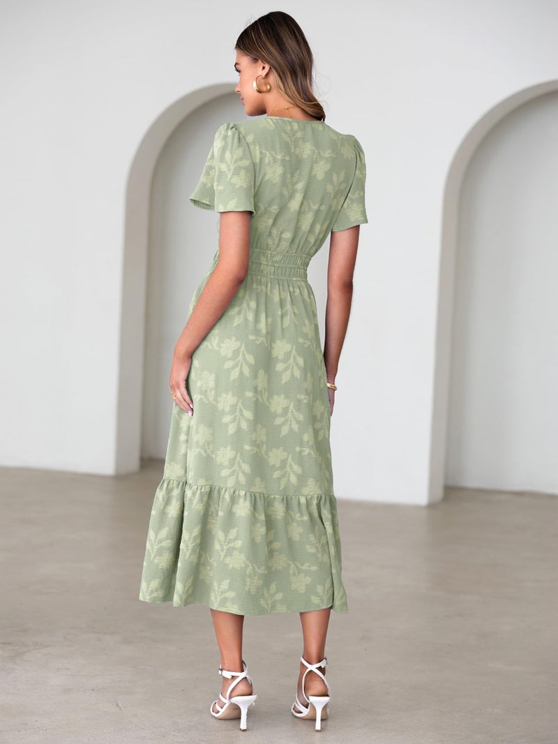 Simplee Womens Summer Boho Maxi Dress Spring Wedding Guest Floral V Neck Empire Waist Tiered Long Flowy Dresses Sage Green XL - Image 4